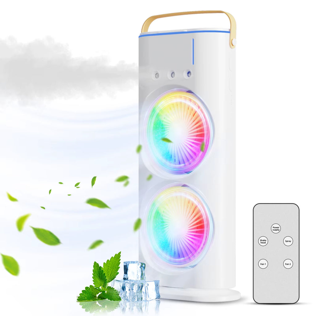 BreezeGlow™ 2-in-1 Dual Mist Cooling Fan – Chill, Hydrate & Light Up Your Space